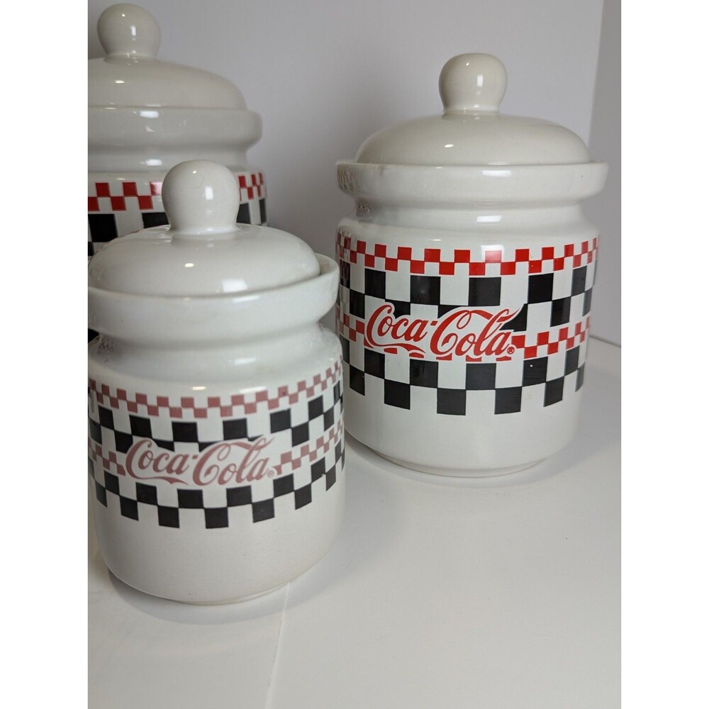 Coca-Cola 4 Piece Canister Set 1997 Checkered Board Dinnerware by Gibson - Picture 2 of 14